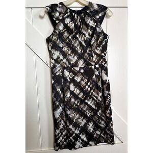 Ann‎ Taylor Navy Blue & Brown Abstract Print Dress Cap Sleeve Size O Petite